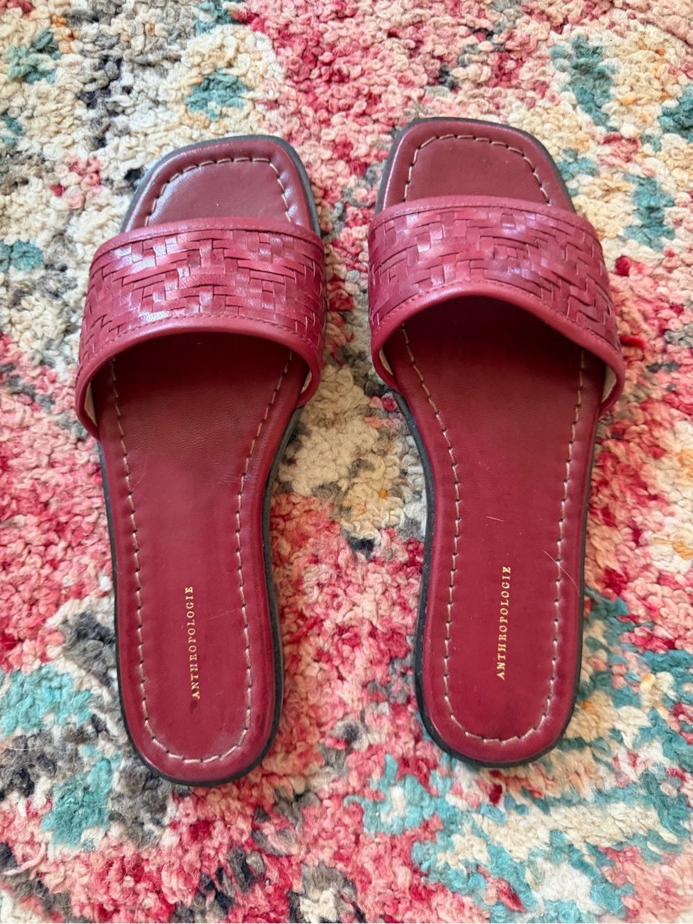 Anthropologie Red Woven Genuine Leather Slide Sandal size 37 (fits like 6.5-7)